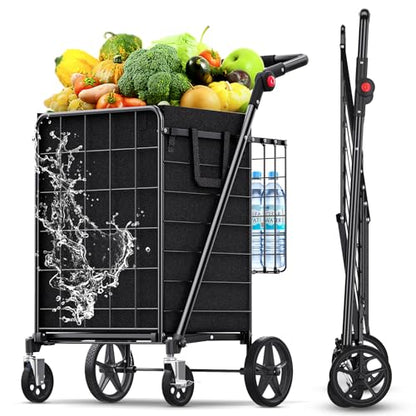 XINGLANG Heavy Duty Folding Shopping Cart – 4.5 Cu Ft, 420 lbs Capacity, Double Basket & Removable Waterproof Liner, 360° Swivel Wheels with Brakes, Adjustable & Rotating Handle for Laundry & Grocery - size: Jumbo