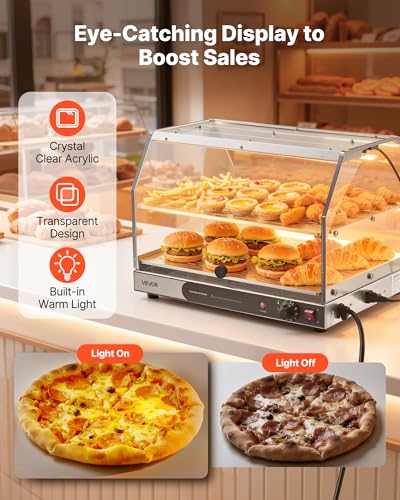 VEVOR 2-Tier Commercial Food Warmer Display, 450W Food Display Warmer with Light, Detachable Shelves and Double-Sided Door Design, 85℉~185℉ Air Heating, 48L for Hamburger, Pizza, Bread, Fried Chicken - size: 2-Tier-51Qt