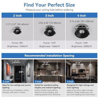 CycevSun Black 4 Inch Anti-Glare Recessed Lights COB Spotlight, 6-Pack - color: Black, size: 4 Inch