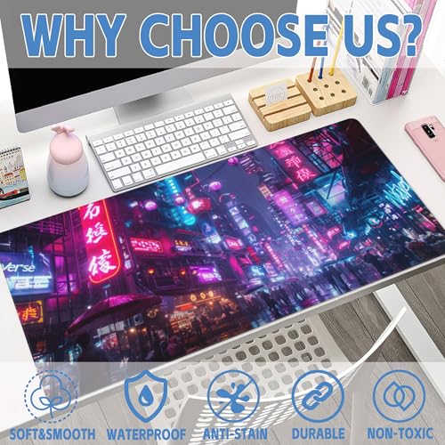 Desk Mat,Cyberpunk Neon City Large Gaming Mouse Pad for Desk XXL,Futuristic Night Street Desk Pad,Extended Big Computer Keyboard Mouse Pad with Non-Slip Base and Stitched Edge 35.4"x15.7" - color: Cyberpunk Neon City, size: 15.7" x 35.4"