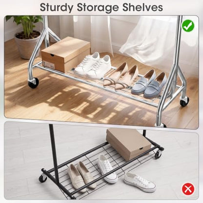 EAGMAK 622 LBS Double Rod Clothing Rack with Wheels Heavy Duty, Silver - color: Silver, size: 43.3"×18.9"×74.8"( Wheels)