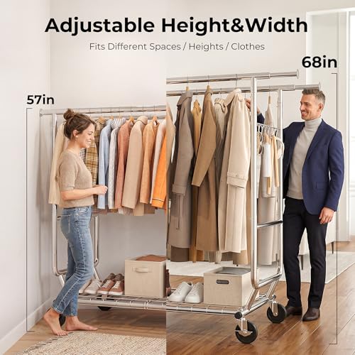 HOKEEPER Clothes Rack Heavy Duty Clothing Rack Load 650 LBS Collapsible Garment Rack with Wheels Double Rod Clothes Rack for Hanging Clothes Commercial Portable Closet Rack with Shelves 22"D*75"W*68"H - color: Chrome