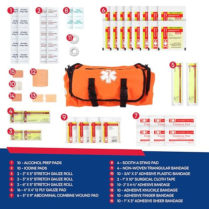 First Responder Trauma First Aid Kit Bag – Fully Stocked Emergency Medical Kit for Workplace, Vehicle & Home – OSHA & ANSI Compliant – Portable – Orange