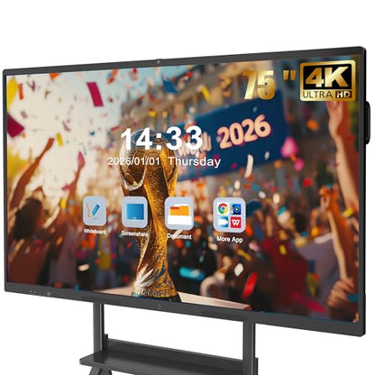 75'' Smart Board, 4K UHD Interactive Touchscreen Whiteboard, Android 14 8+128GB Wireless Smartboard for Classroom Home Office Studio - size: 75"