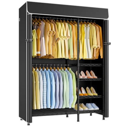 ULIFHOME F2C Clothes Rack with Cover, 47.2"W x 16.5"D x 78.3"H, Load 692lbs - color: Black Closet with Black Cover