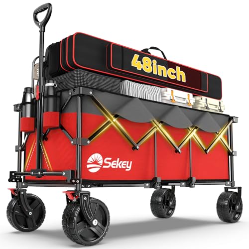Sekey 300L Extended Collapsible Wagon, 660 lb Capacity, 48 in Long - color: Red&grey