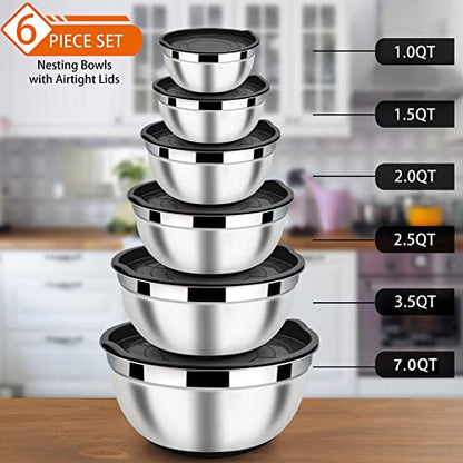 LIANYU Nesting Mixing Bowls Set of 6, Size 7, 3.5, 2.5, 2, 1.5, 1QT - color: Black, style: Anchor Base with Airtight Lids