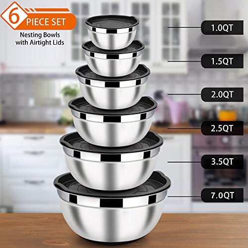 LIANYU Nesting Mixing Bowls Set of 6, Size 7, 3.5, 2.5, 2, 1.5, 1QT - color: Black, style: Anchor Base with Airtight Lids