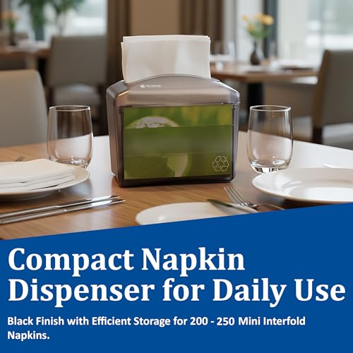 San Jamar Venue® Napkin Dispenser for Restaurant Tabletop, 200-250 Napkins, Mini Interfold, Black