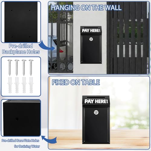 Metal Donation Box with Lock – Wall Mounted Cash Money Box with Slot for Cash Deposit, Hualleko Money Drop with Lock and Slot for Home/Office/Outdoors 10.2 x 5.6 x 2.9 Inch(Black) - color: Black