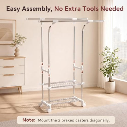 RORA Clothes Rack, Double Rod Rolling Clothing Racks for Hanging Clothes