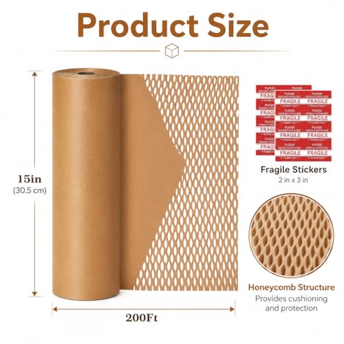 Honeycomb Packing Paper, Bubble Cushioning Wrap Alternative for Moving & Gift Wrapping, Includes 20 Fragile Sticker Labels (15Inchx200Feet) - size: 15Inchx200Feet