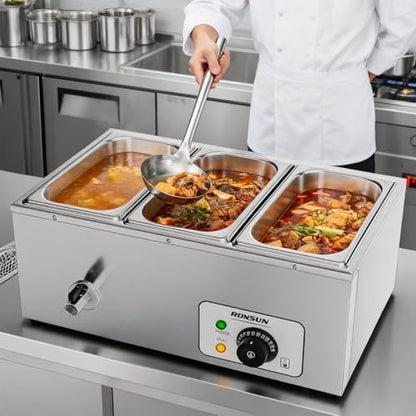Bonnlo 21 QT 3 Pan Commercial Electric Food Warmer, Counter Top Electric Bain-Marie with Warming Plate, Steam Table Food Warmer for Catering, Parties Buffet and Restaurant, Stainless Steel, 1200W - size: 21 QT-3 pan