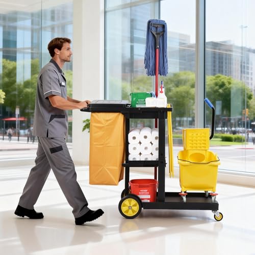 Matthew Commercial Traditional Cleaning Janitorial 3-Shelf Cart,500 Lbs Heavy Duty Capacity Housekeeping Cart,51"L x 21"W x 39"H,Wheeled with 25 Gallon Zippered Yellow Vinyl Bag and Cover w lid,Black