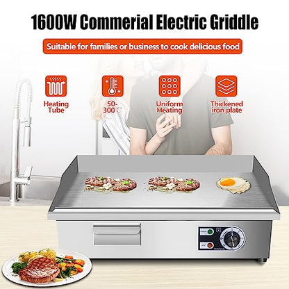22" Commercial Electric Griddle,Electric Countertop Flat Top Griddle,110V 1600W Electric Flat Top Grill,Non-Stick Restaurant Teppanyaki Stainless Steel Grill,Adjustable Temperature Control - style: 22''