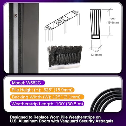 W562C .625" (16 mm) Vanguard Security Astragal Replacement Pile Weatherstrip 100FT Replace Worn Pile Weatherstrips on U.S. Aluminum Doors with Vanguard Security Astragals - style: .625"