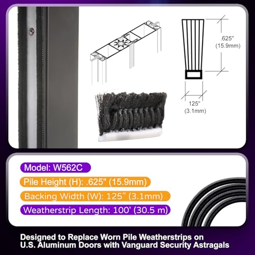 W562C .625" (16 mm) Vanguard Security Astragal Replacement Pile Weatherstrip 100FT Replace Worn Pile Weatherstrips on U.S. Aluminum Doors with Vanguard Security Astragals - style: .625"
