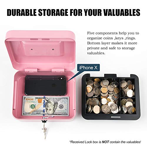 Kyodoled Medium Cash Box with Money Tray,Small Safe Lock Box with Key, Drawer,7.87"x 6.30"x 3.54" Pink - color: Pink-1PACK, size: Medium