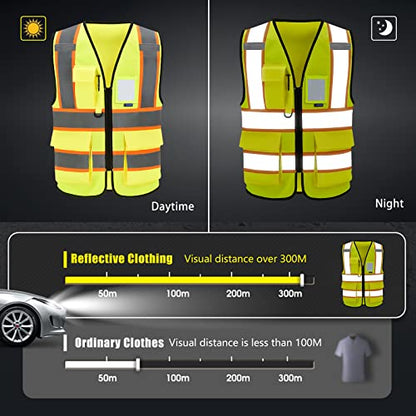 AYKRM Security Vest for Men Women 7 Pockets High Visibility Reflective Safety Vest Front Zipper Meets ANSI/ISEA - color: Yellow-csi, size: Large