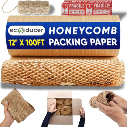 12”x100ft Honeycomb Packing Paper for Moving Supplies with 24 Fragile Stickers &100 ft Jute Twine. Eco Friendly Packing Material for Packing Fragile Items. Biodegradable Shipping Supplies. - size: 12" x 100 ft (100 SQFT)
