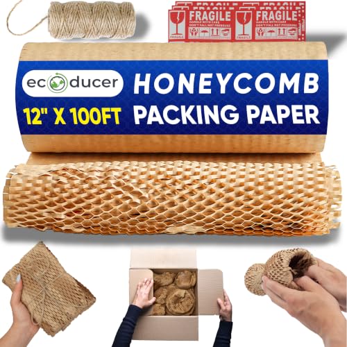 12”x100ft Honeycomb Packing Paper for Moving Supplies with 24 Fragile Stickers &100 ft Jute Twine. Eco Friendly Packing Material for Packing Fragile Items. Biodegradable Shipping Supplies. - size: 12" x 100 ft (100 SQFT)