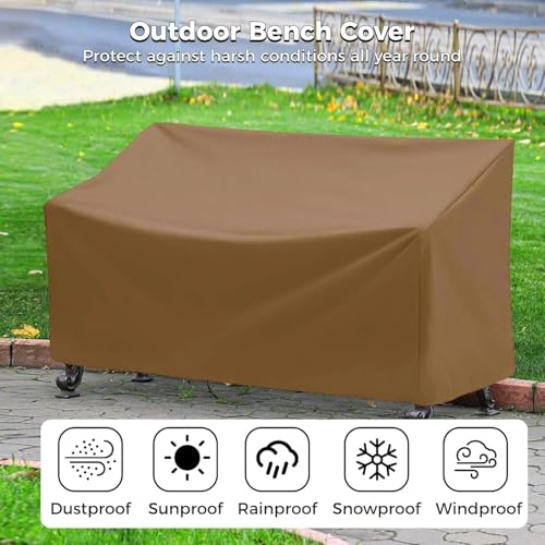 Outdoor Bench Cover, 2 Seater Patio Bench Cover, Waterproof Heavy Duty Patio Furniture Protector with Air Vents, Buckle Straps and Drawcord, 53 x 26 x 35 in, Brown