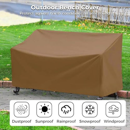 Outdoor Bench Cover, 2 Seater Patio Bench Cover, Waterproof Heavy Duty Patio Furniture Protector with Air Vents, Buckle Straps and Drawcord, 53 x 26 x 35 in, Brown