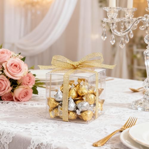 Gabrella 60 Pack Clear Favor Boxes, 2x2x2 Inch Candy Boxes with Ribbons, Small Candy Containers Plastic Gift Box for Macaron, Wedding, Baby Shower, Birthday, Party Favors