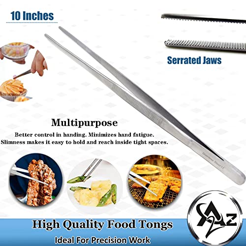Professional Culinary Stainless Steel Precision Tongs with Serrated Tips, Plating/Food Presentation Detailing Serving Tongs, Chef's Kitchen Tweezer Tongs - Ultra Non-Slip Grip (10 Inch) - size: 10" Straight