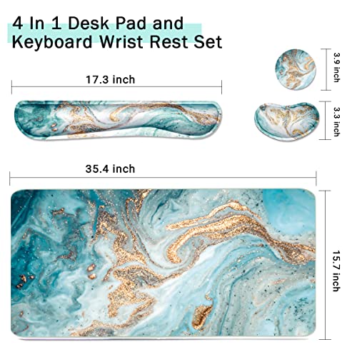 Keyboard Mouse Pad Set, Extended Mouse Pad+Keyboard Wrist Rest Support, Memory Foam Ergonomic Easy Typing, 3Pcs (35.4×15.7 in) Desk Pad Set for Home Office Study Game-Green Marble - color: Green Marble