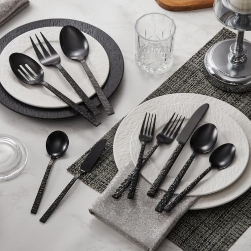 45 Pcs Black Hammered Silverware Set with Serving Utensils for 8 - color: Black, size: 45-Piece