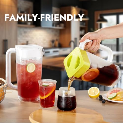 CURTA 4 Pack 2L/68 oz Plastic Pitcher with Lid & Handle, Large Capacity Water Jug with Measurement Marks, Clear Fridge Pitcher for Iced Tea, Juice, Lemonade & Cold Beverages - color: White-yellow-4pack