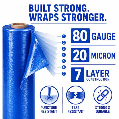 18" Stretch Wrap Film, 1500 ft, 80 Gauge (20 Micron), 7-Layer Clear Pallet Wrap, Up to 80% Stretch, Self-Adhering Heavy-Duty Moving & Packing Film, 6 Rolls (Blue, 18 inch x 1500 feet) - color: Blue, size: 18 in x 1500 ft - 6 Rolls
