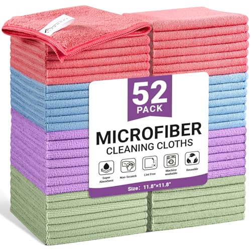 SIFANGKE Microfiber Cleaning Cloth, 52 Pack Assorted Color Cleaning Rags for Housekeeping, Colorful Reusable Microfiber Towels for Car, Kitchen, Bathroom and Household Cleaning Supplies, 11.8"X11.8" - color: Assorted - Multicolor, size: 1 Count (Pack of 5