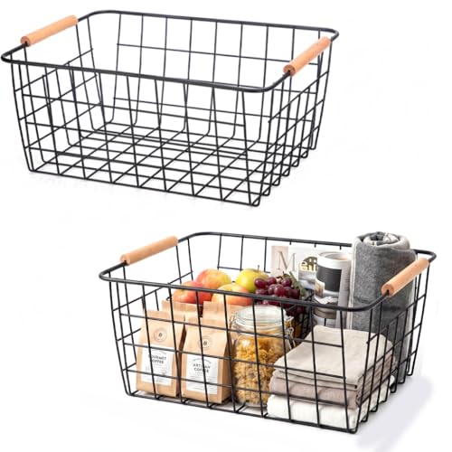 Metal Black Wire Basket,Food Storage Organizer with Wooden Handles, pantry organizers and storage for Kitchen shelf Cabinets potato onion, 2 Packs - color: Black, size: 2-Medium