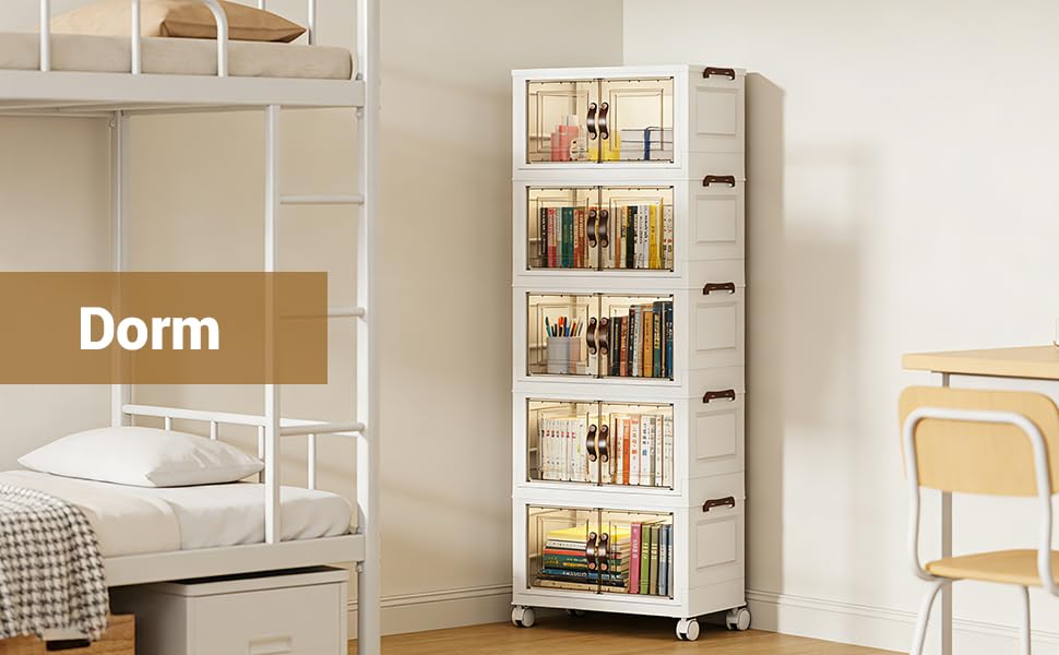 5‑Pack Foldable Stackable Storage Boxes, 217.75 QT Organizer Container with Magnetic Doors & Wheels for Home, Garage, Office (19.68" W x 11.81" D x 55.12" H) - size: 5PACK-19.68"W11.81"D55.12"H
