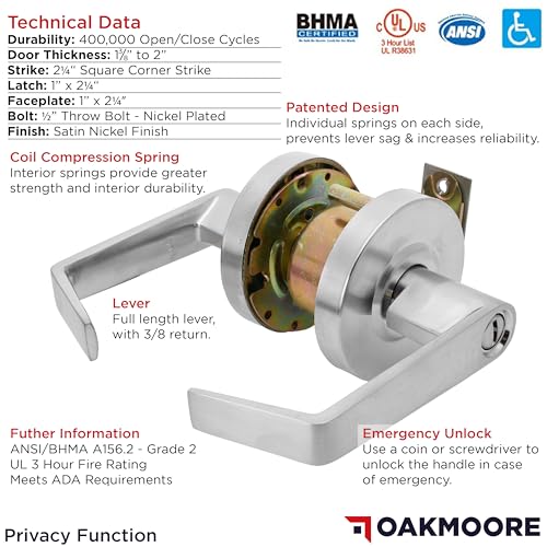 Heavy Duty Commercial Bathroom Door Handle with Lock | Privacy Commercial Door Locks | Grade 2 Restroom Lever | For Offices & Industrial Use | UL CUL & ADA – Nickel Chrome Finish – ANSI A156.2 - size: Privacy (Bathroom)