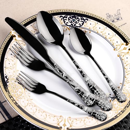 40-Piece Black Skull Silverware Set for 8, Flatware Set Stainless Steel Spoons,Forks,Knife Pattern Unique Design Utensil Sets Tableware Cutlery, Mirror Polished, Dishwasher Safe - color: Skull-40 Piece-Black
