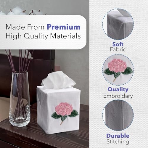 Jacaranda Living Square Tissue Box Cover, Linen/Cotton Fabric Tissue Holder, Decorative Cloth Tissue Cube Cover, Botanical Design Hydrangea Too, Light Blue - color: Hydrangea Too (Light Blue)