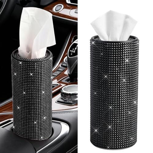 Bling Car Tissue Holder for Cup Holder, Car Organizer, Sparkly Diamond Automotive Interior Tissue Cylinder Storage Box, Cylinder Tissue Dispenser for Cars Decor Universal for Most Cars (Black) - color: Black