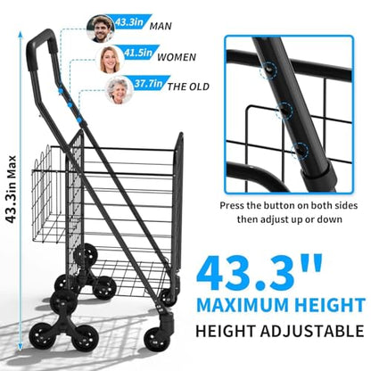 Folding Shopping Cart, Heavy-Duty Stair-Climbing Grocery Cart with 360° Swivel Wheels - Extended Foam Handle - Utility Trolley for Laundry, Travel, Shopping - size: Stair-Climbing Medium+No Bag