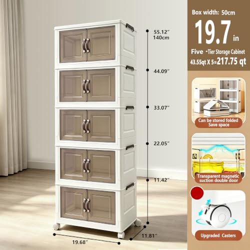 5‑Pack Foldable Stackable Storage Boxes, 217.75 QT Organizer Container with Magnetic Doors & Wheels for Home, Garage, Office (19.68" W x 11.81" D x 55.12" H) - size: 5PACK-19.68"W11.81"D55.12"H