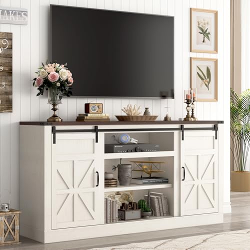 Hlivelood 66" Farmhouse TV Stand for 75 Inch TV, 33" Tall Entertainment Center with Power Outlets & Sliding Barn Door, Wood TV Stand with Storage, TV Media Console for Living Room, Antique White - color: Antique White