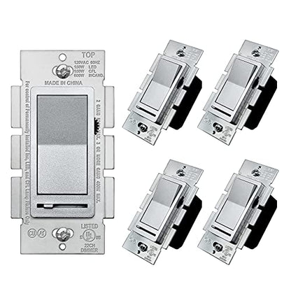 BESTTEN 5 Pack Matte Silver Dimmer Light Switch, Single Pole or 3-Way - color: Matte Silver