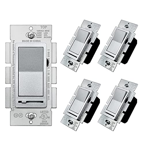 BESTTEN 5 Pack Matte Silver Dimmer Light Switch, Single Pole or 3-Way - color: Matte Silver