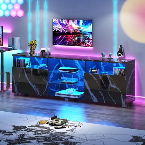 St.Mandyu LED TV Stand for 75/80 inch TV, Modern Television Table Center Media Console with Drawer and Led Lights, High Glossy Entertainment Center for Living Game Room Bedroom(Black Marble) - color: Black Marble, size: TV Stand for 75/80 inch TV