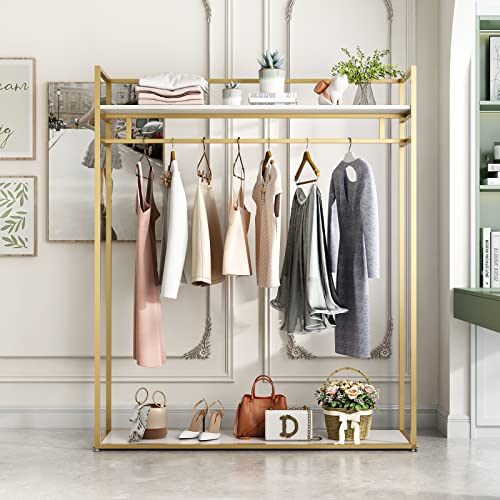 Heavy Duty Gold Clothing Rack with Shelves for Hanging Clothing, Gold Metal Freestanding Garment Rack for Retail Display (59" L) - style: double-59