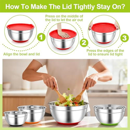 TeamFar Mixing Bowls, Stainless Steel Salad Bowls with Lids - Colorful - color: Multicolor