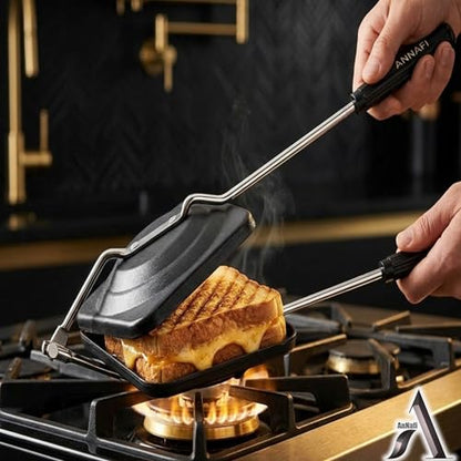 AnNafi® Sandwich Maker Stovetop, Sandwich Press Grill For Gas Stove, Non Stick Hand Bread Toaster Stove Top Pan For Hot & Crisp Grilled Cheese Sandwiches & Cubano, Easy to Use Cast Iron Flying Saucer For Outside Campfire .