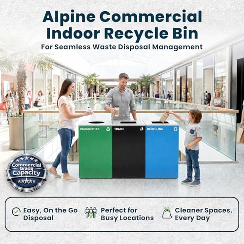 Alpine Commercial Indoor Trash Can - 29 Gallon Modern Looking Black Office Trash can, Metal Trash and Recycling Container with Stickers & 3 Optional Lids (lid Sold Separately) - color: Black Can